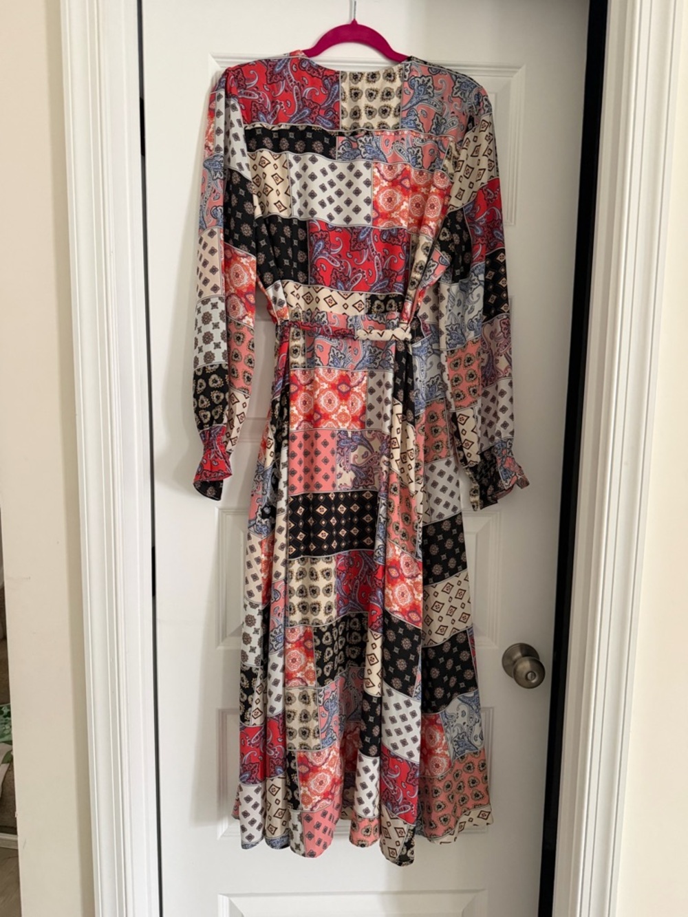 Skies Are Blue Patchwork Wrap Maxi Dress in Coral, Black & Cream - Picture 5 of 9
